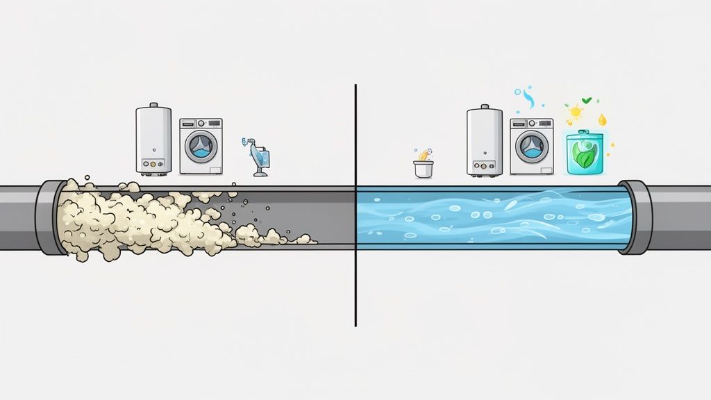 Visual comparison of a pipe with hard, dirty water versus clean, filtered water, improving appliance efficiency.