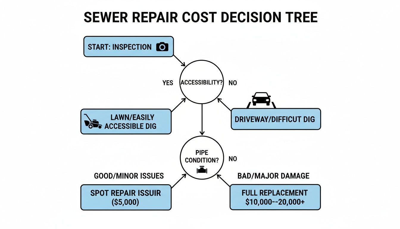 Decision tree outlining sewer repair costs based on accessibility, pipe condition, and type of repair.