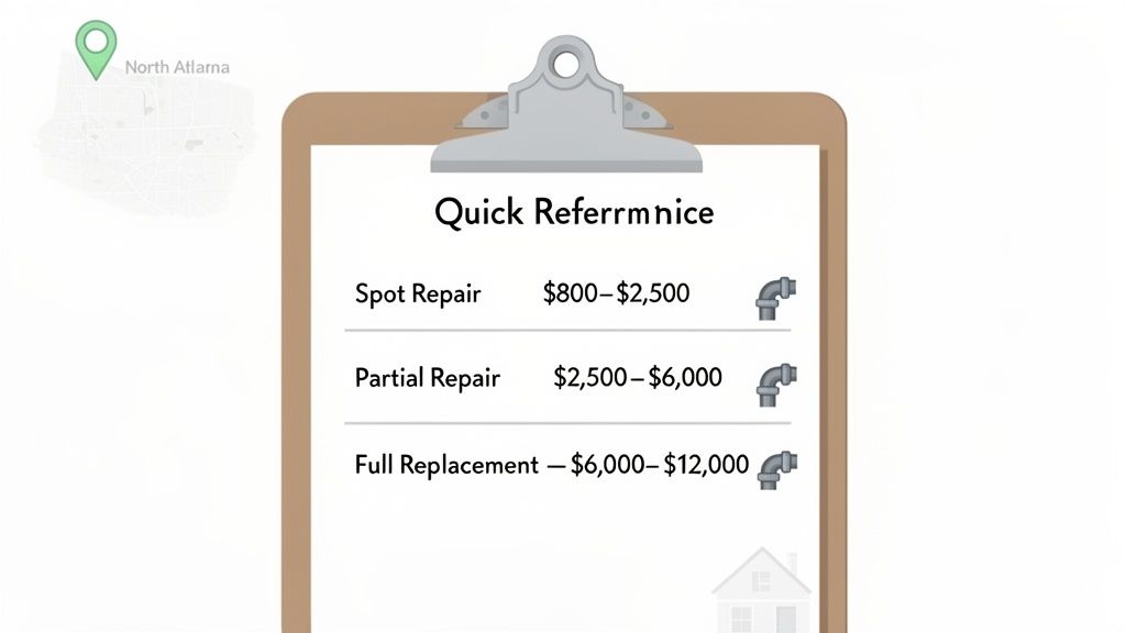 Clipboard shows quick reference for sewer line repair costs in North Atlanta, including spot, partial, and full replacement prices.