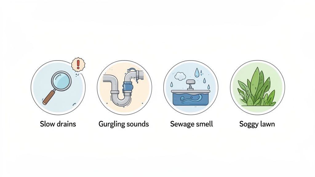 Four icons illustrating signs of a broken sewer line: slow drains, gurgling sounds, sewage smell, and a soggy lawn.