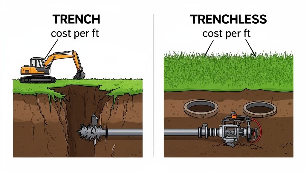 Illustration comparing traditional trench digging with an excavator vs. trenchless pipe installation, showing cost per foot for each.