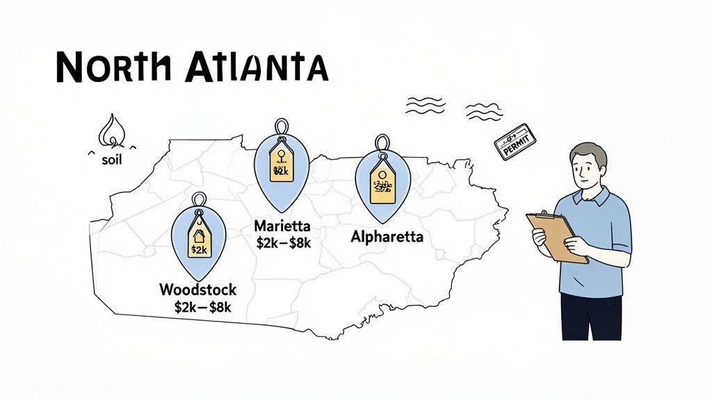 Illustrated map of North Atlanta showing towns like Woodstock and Marietta with service cost ranges and permits.