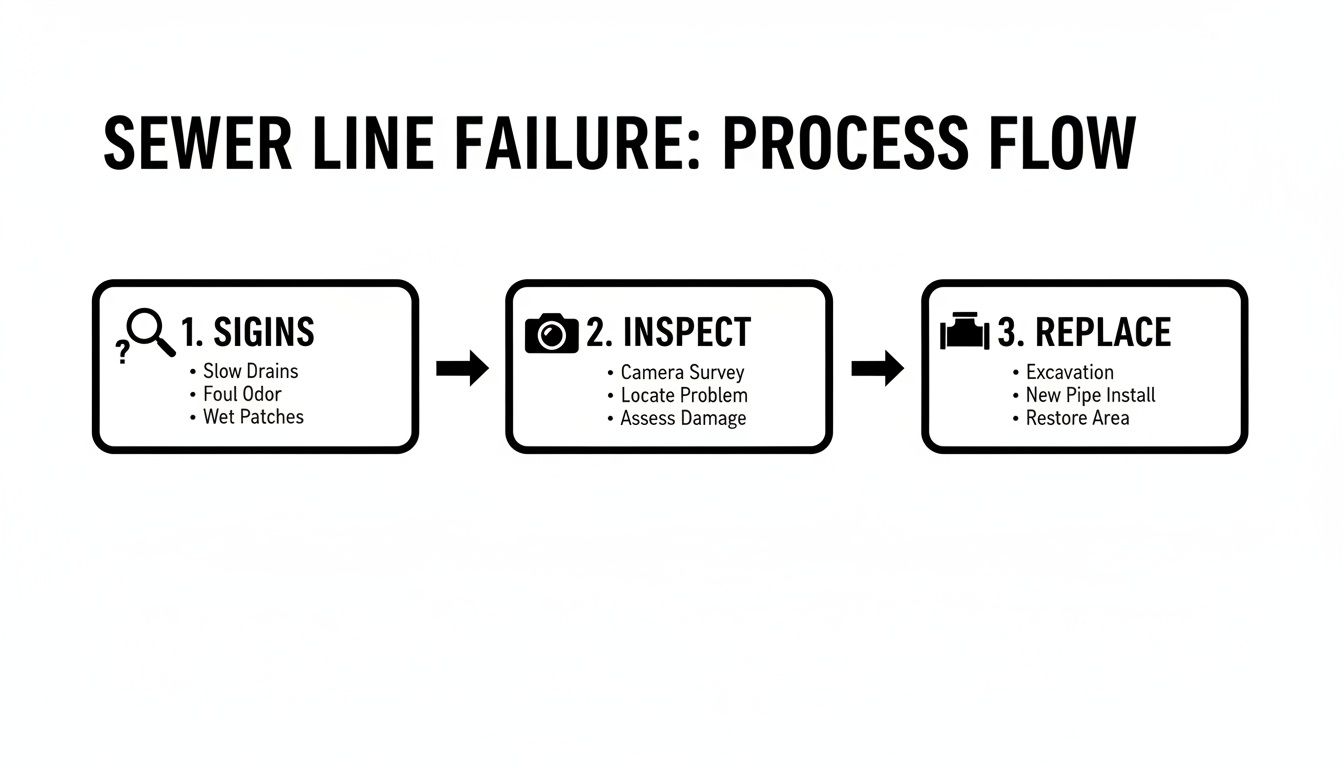 Flowchart illustrating the process of sewer line failure, from identifying signs to inspection and replacement.
