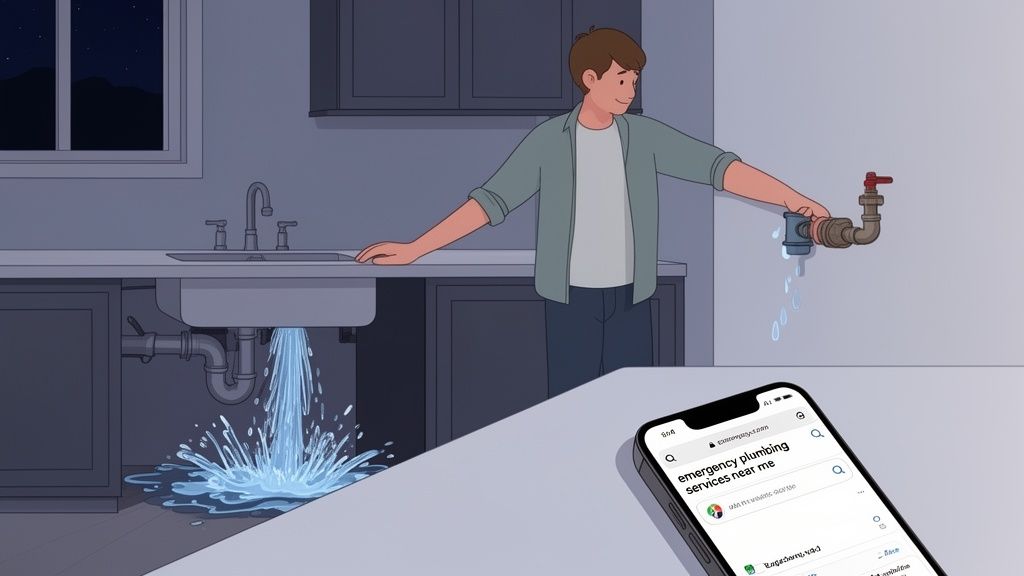 A man in a kitchen at night with a burst pipe and leaking sink, searching for emergency plumbing services on his phone.