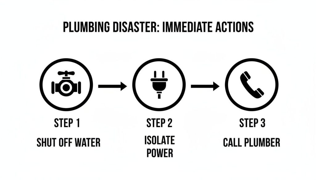 Infographic showing three immediate steps for a plumbing disaster: shut off water, isolate power, call plumber.