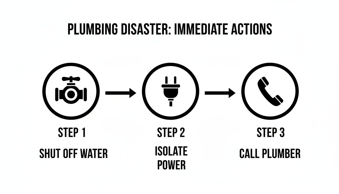 Infographic showing three immediate steps for a plumbing disaster: shut off water, isolate power, call plumber.
