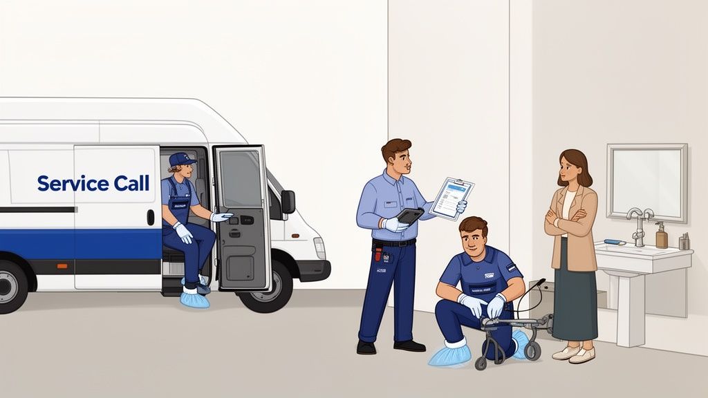 Professional plumbing service team attending to a customer's bathroom repair with a service van nearby.