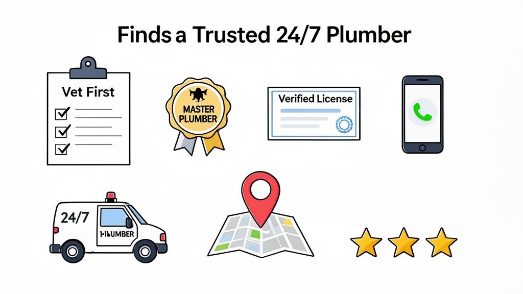 Illustrates steps to find a trusted 24/7 plumber, including vetting, license, emergency service, and local availability.