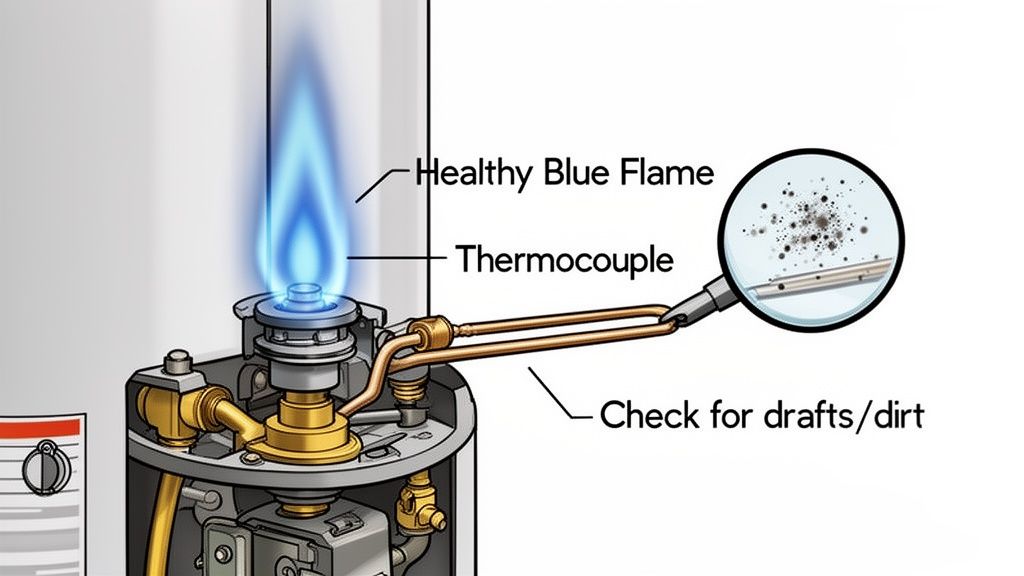 Illustration showing a healthy blue flame, thermocouple, and a detailed view of a dirty thermocouple inside a gas water heater.