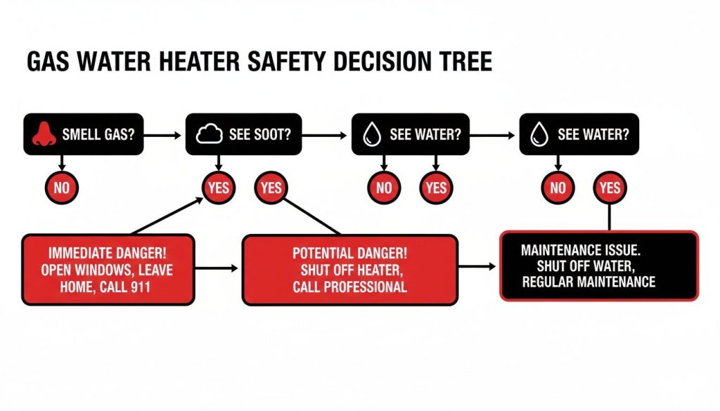 Flowchart for gas water heater safety, guiding actions based on gas smell, soot, or water leaks.