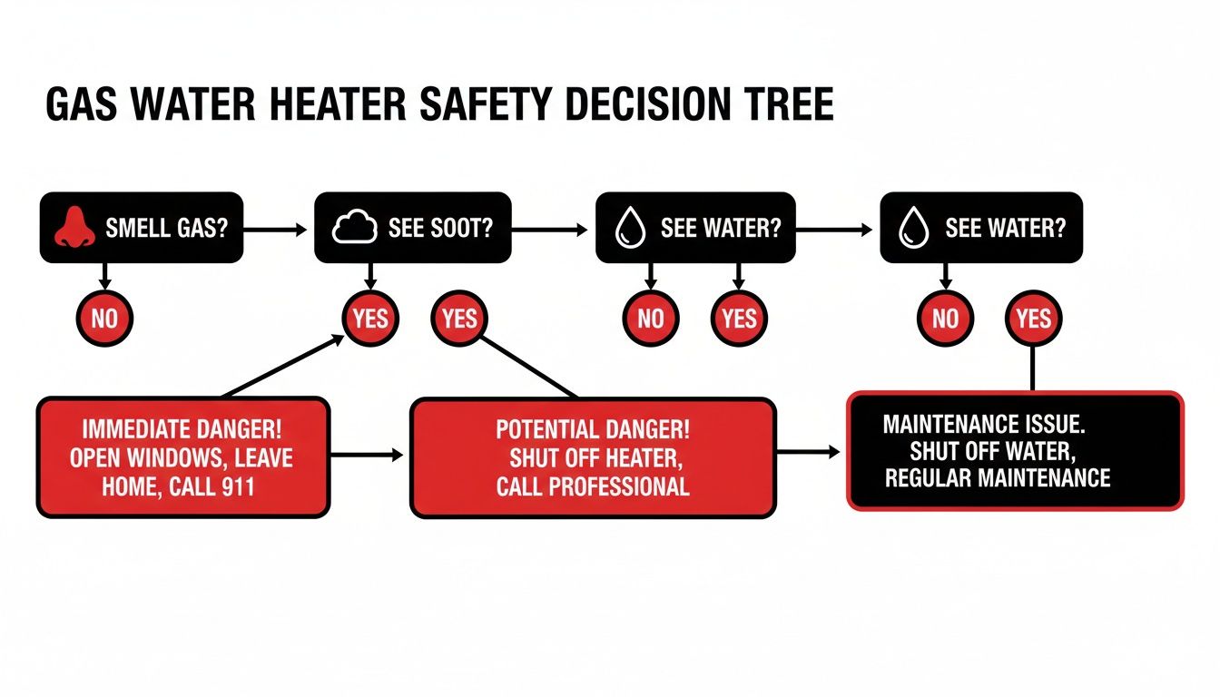Flowchart for gas water heater safety, guiding actions based on gas smell, soot, or water leaks.