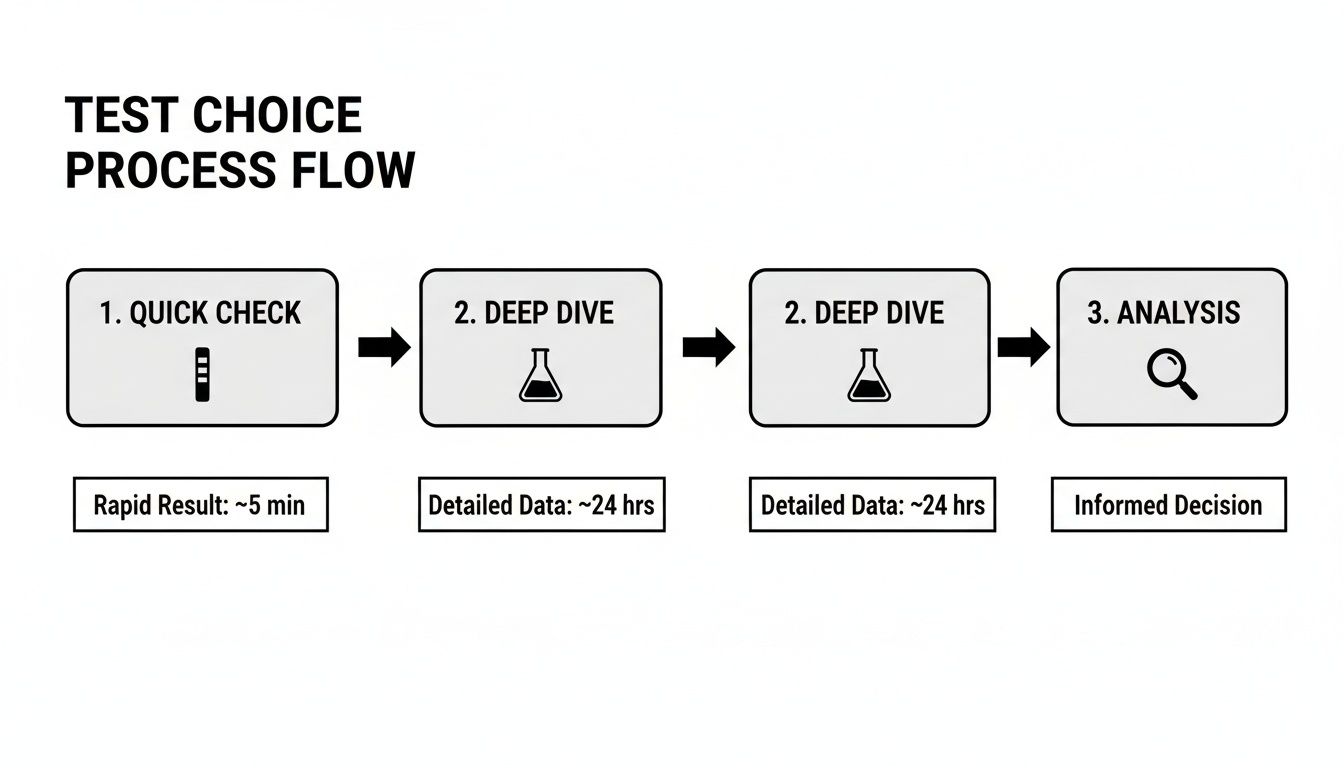 A process flow diagram outlining test choices: Quick Check, Deep Dive, and Analysis steps with timelines.