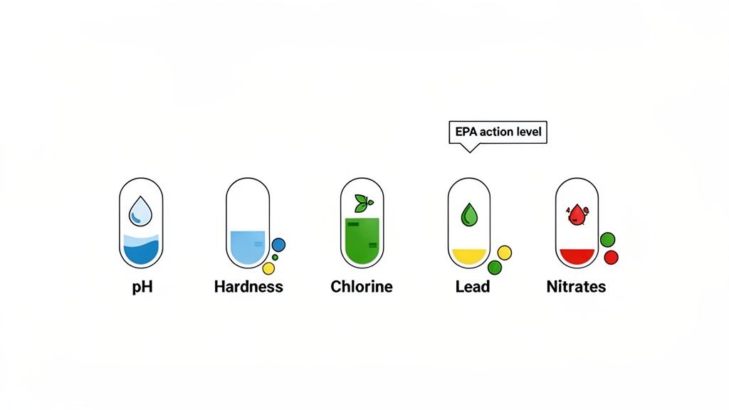 Illustration of five water quality test indicators for pH, Hardness, Chlorine, Lead, and Nitrates.