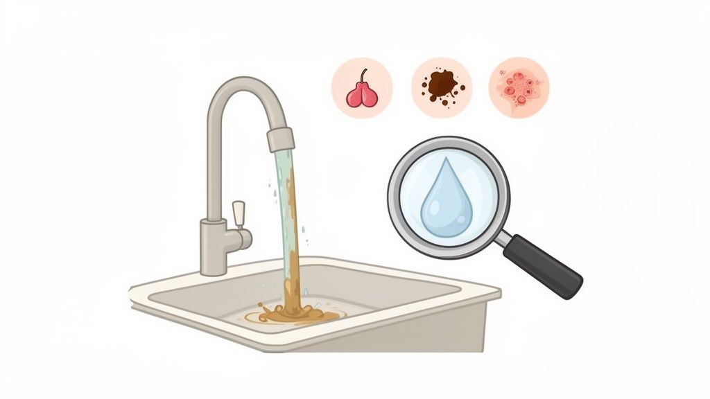 Dirty brown water flows from a kitchen faucet into a sink, with icons showing health concerns and a magnifying glass indicating clean water.