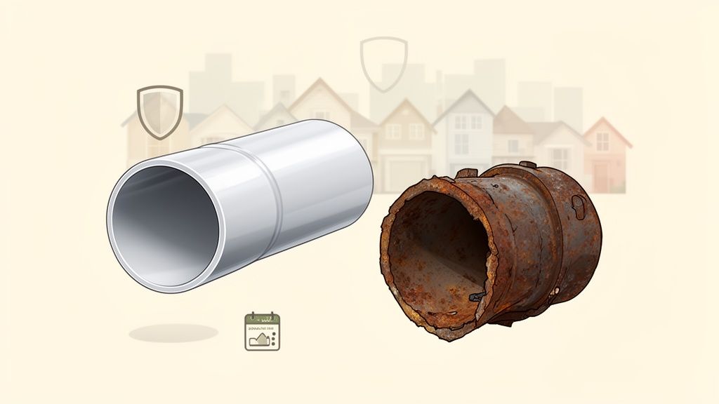 A new, white PVC pipe next to an old, severely corroded and rusty metal pipe, with houses in the background.