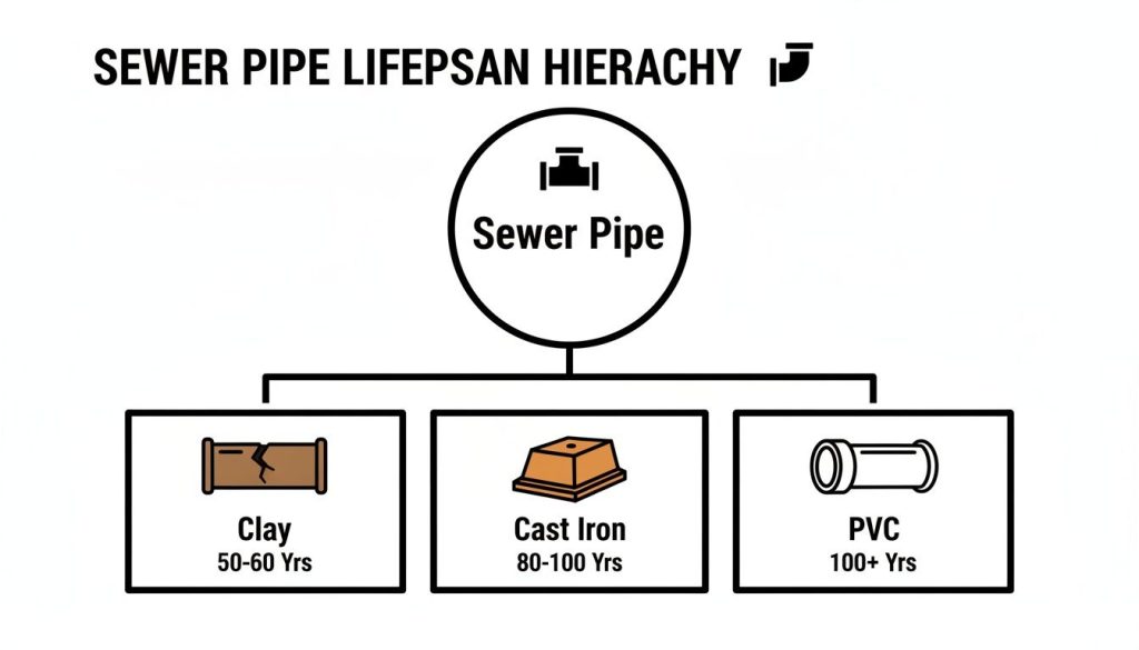 A hierarchy diagram illustrating sewer pipe lifespan for clay (50-60 years), cast iron (80-100 years), and PVC (100+ years).