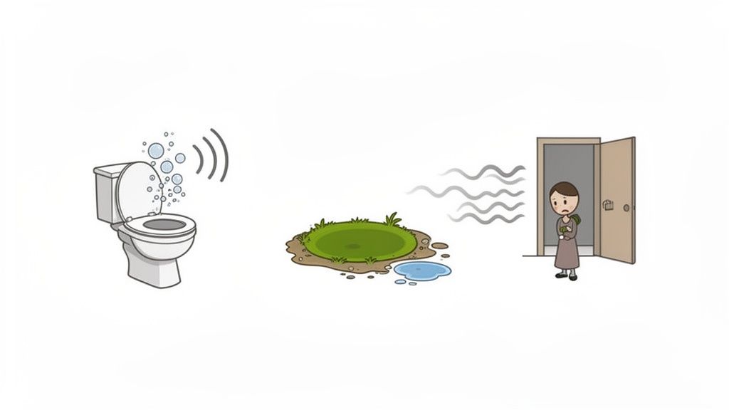Illustration of a toilet flushing, leading to a puddle and bad smell outside a house, observed by a concerned person.