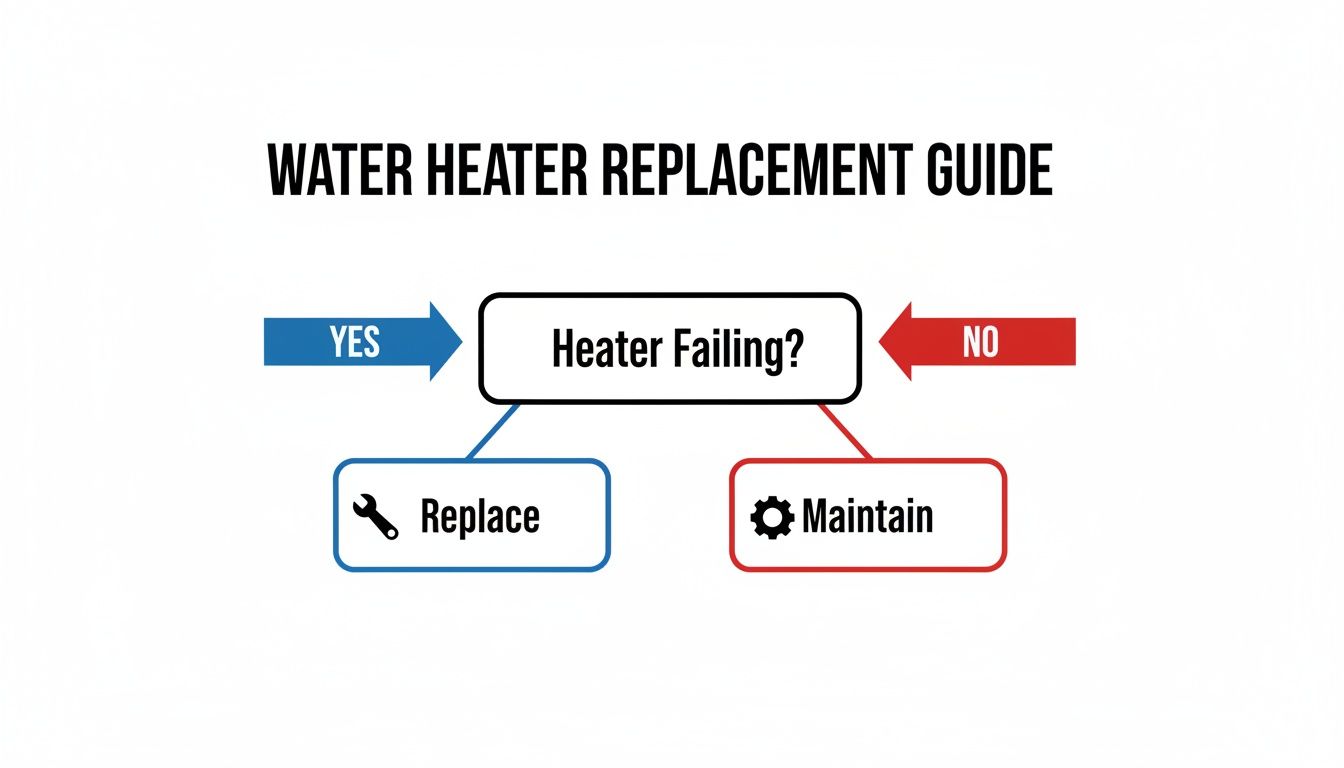 A flowchart guide for water heater replacement, indicating to replace if failing or maintain if not.