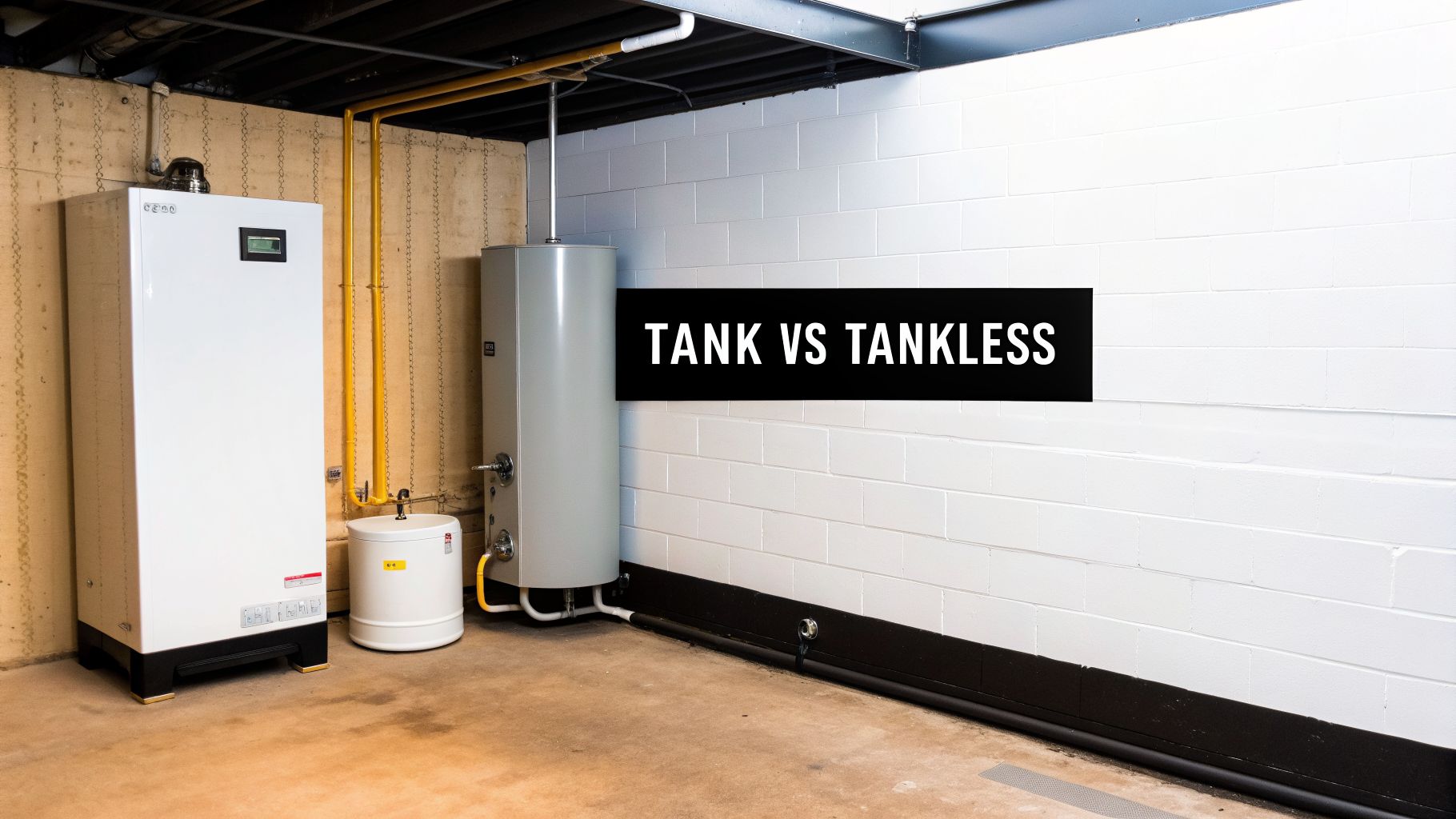 A basement utility room featuring a modern white tankless water heater next to a traditional gray tank water heater, highlighting the tank vs tankless choice.