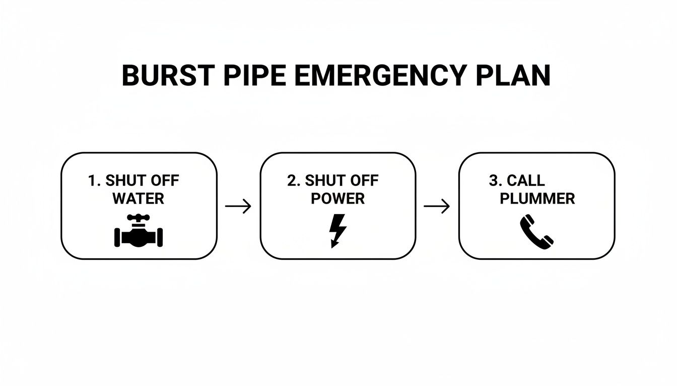 A burst pipe emergency plan flowchart illustrating steps to shut off water, power, and call a plumber.