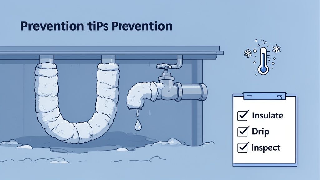 An illustration showing insulated pipes, a dripping faucet, and a checklist for frozen pipe prevention.