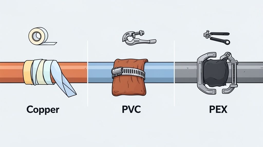 An illustration demonstrating repair methods for copper, PVC, and PEX pipes, along with their respective tools.