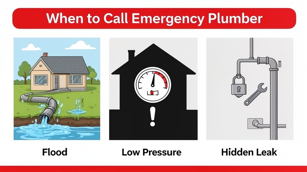 Illustrations showing when to call an emergency plumber for flood, low water pressure, or a hidden leak.