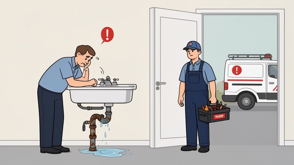 A homeowner looks worried at a leaky, rusty sink pipe while a plumber arrives with a toolbox.