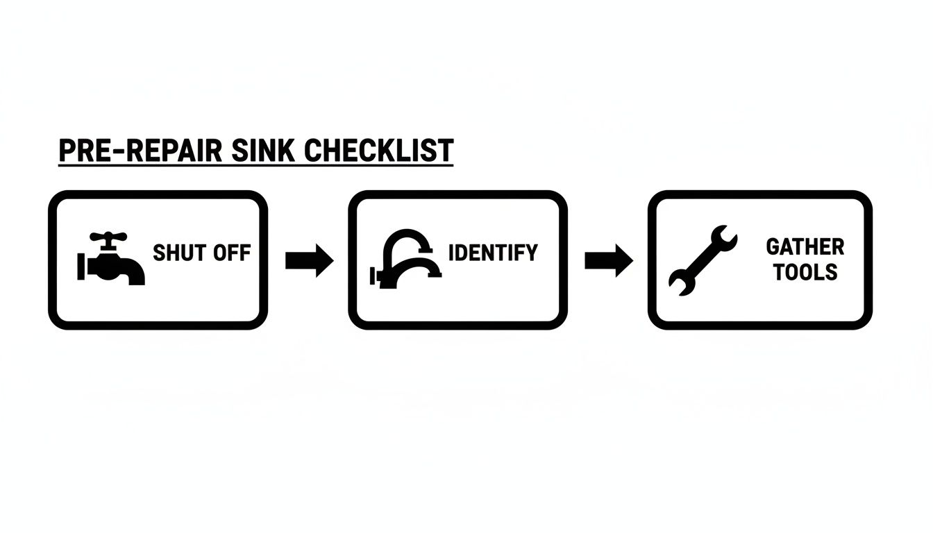 A pre-repair sink checklist flowchart illustrating steps: shut off water, identify issue, gather tools.
