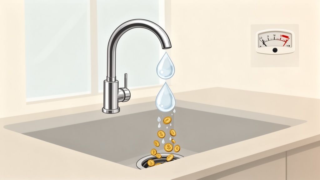 A dripping kitchen faucet with water turning into coins falling into the sink drain, symbolizing wasted money.