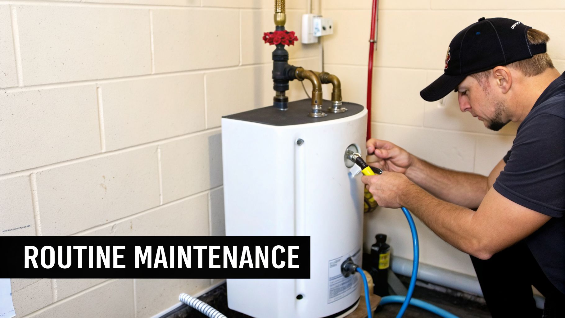 A man wearing a cap performing routine maintenance on a white water heater by connecting a hose.