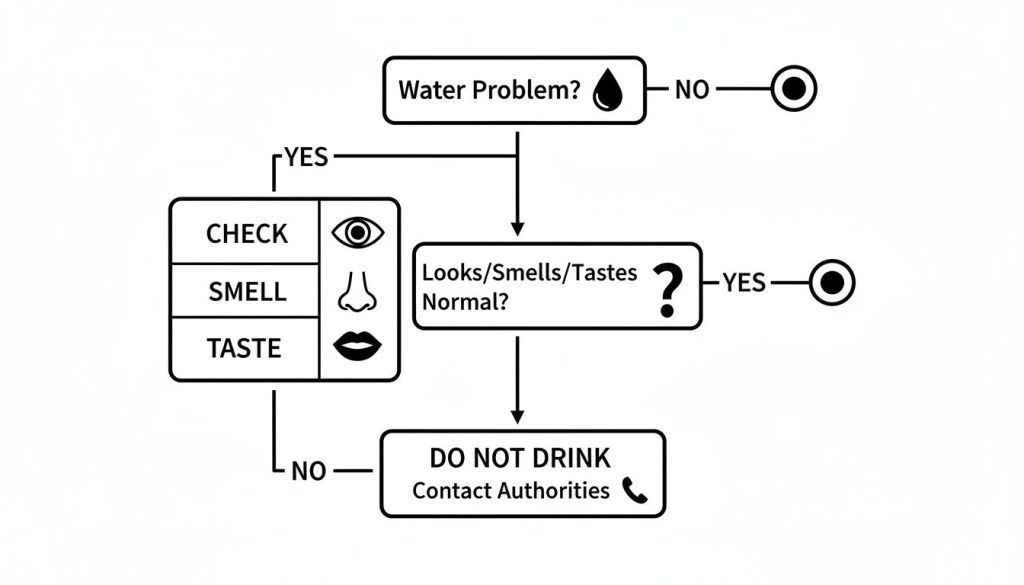 A flowchart illustrating steps to determine water safety, checking for problems, appearance, smell, and taste.