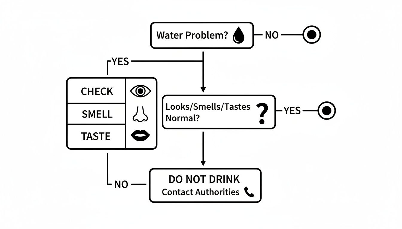 A flowchart illustrating steps to determine water safety, checking for problems, appearance, smell, and taste.