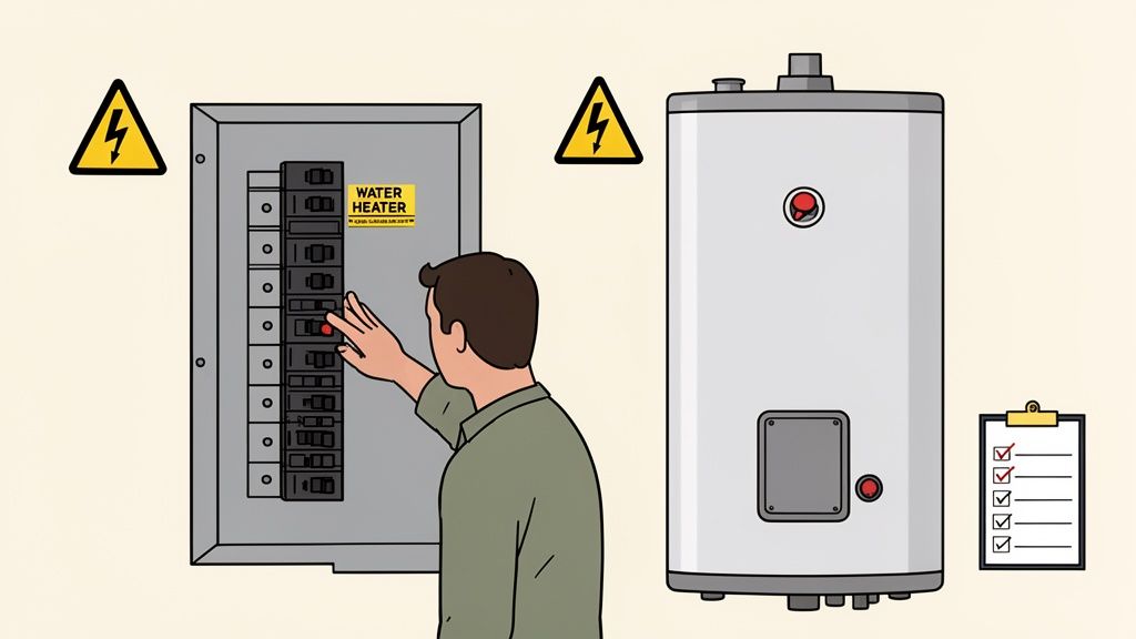 A person turns off a circuit breaker for a water heater, with electrical hazard symbols.