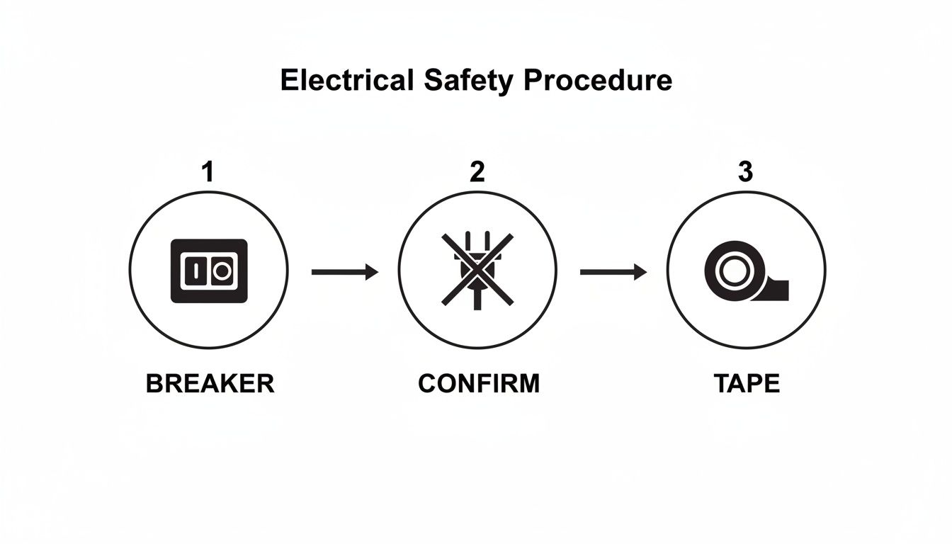 A diagram illustrating a three-step electrical safety procedure: turn off breaker, confirm no power, then tape.
