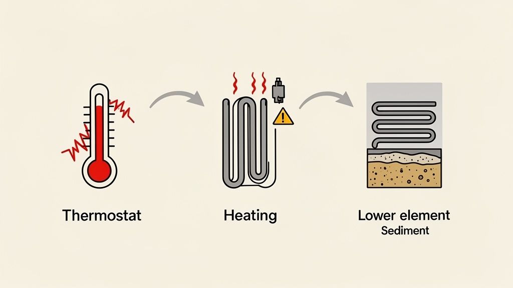 Diagram showing a thermostat, heating element with a warning, and lower element with sediment in a water heater.