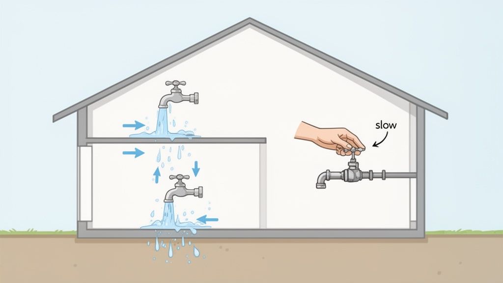 Illustration of a house with two leaking faucets, and a hand slowly turning a water shut-off valve.