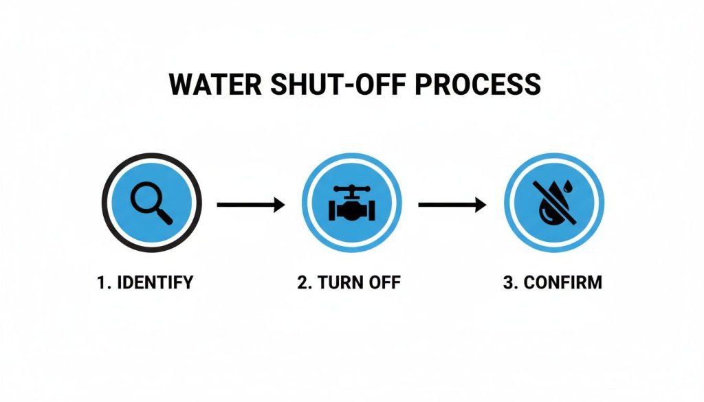 A three-step infographic illustrating the water shut-off process: Identify, Turn Off, and Confirm.