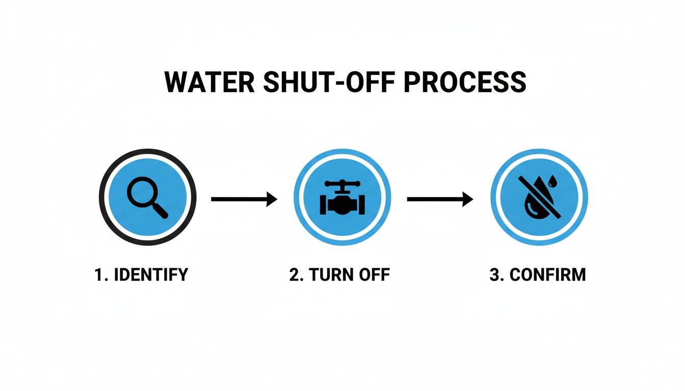 A three-step infographic illustrating the water shut-off process: Identify, Turn Off, and Confirm.