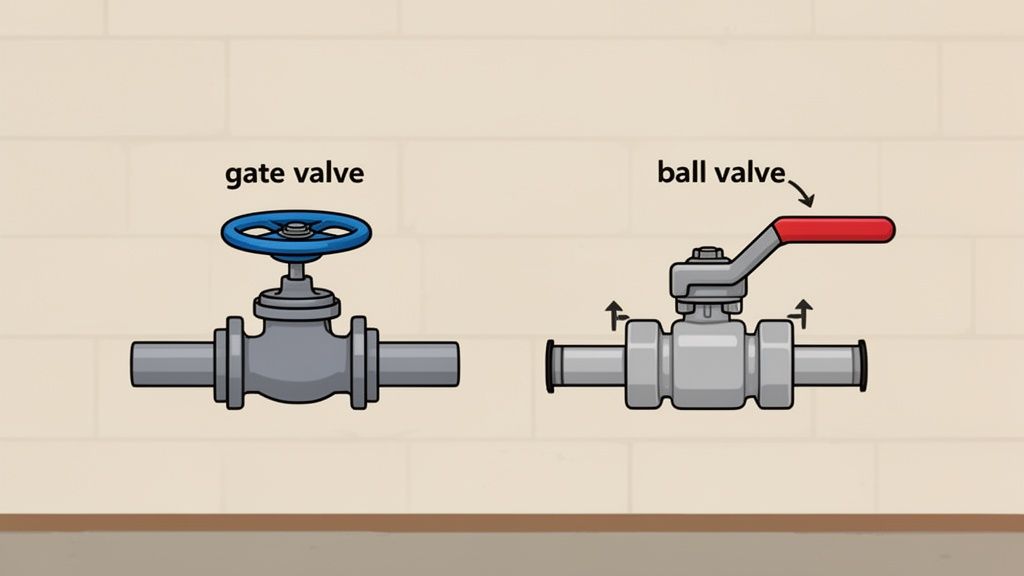 Illustration showing a grey gate valve with a blue handwheel and a grey ball valve with a red lever handle.