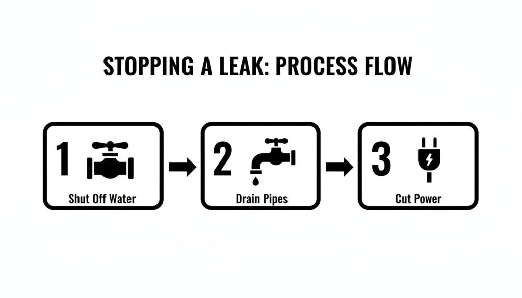 A process flow diagram shows three steps to stop a leak: shut off water, drain pipes, and cut power.