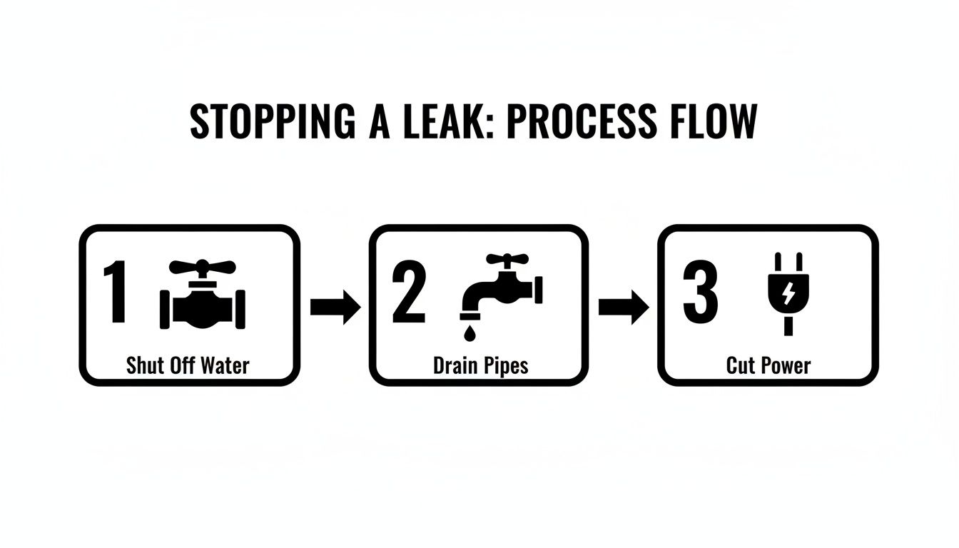 A process flow diagram shows three steps to stop a leak: shut off water, drain pipes, and cut power.