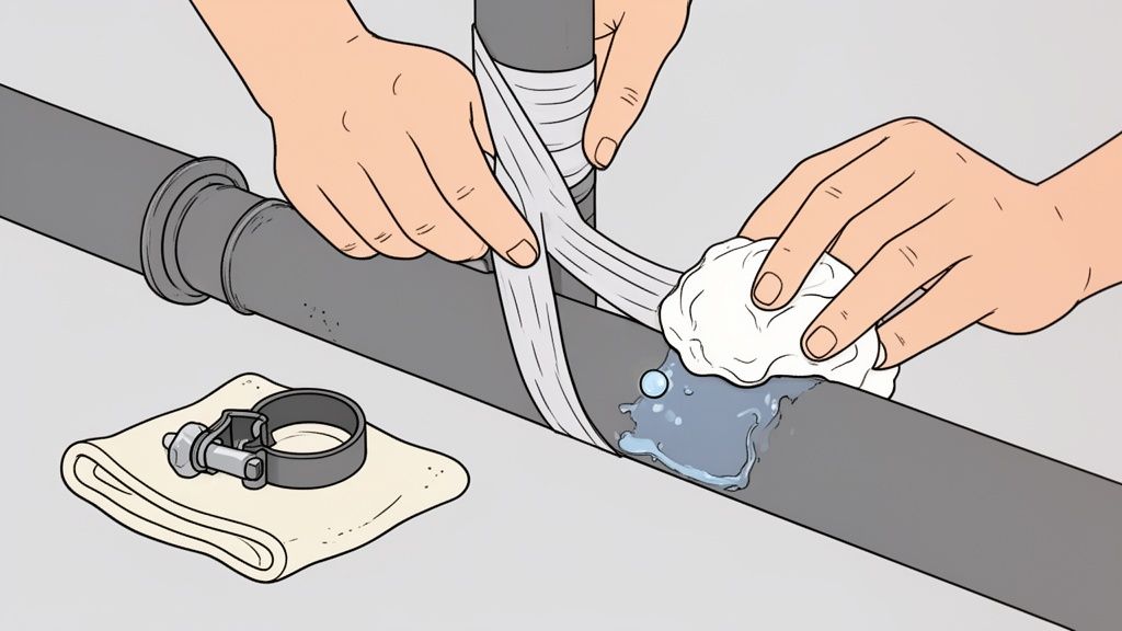Close-up of hands applying repair tape to a leaking grey pipe, with water droplets and a clamp nearby.