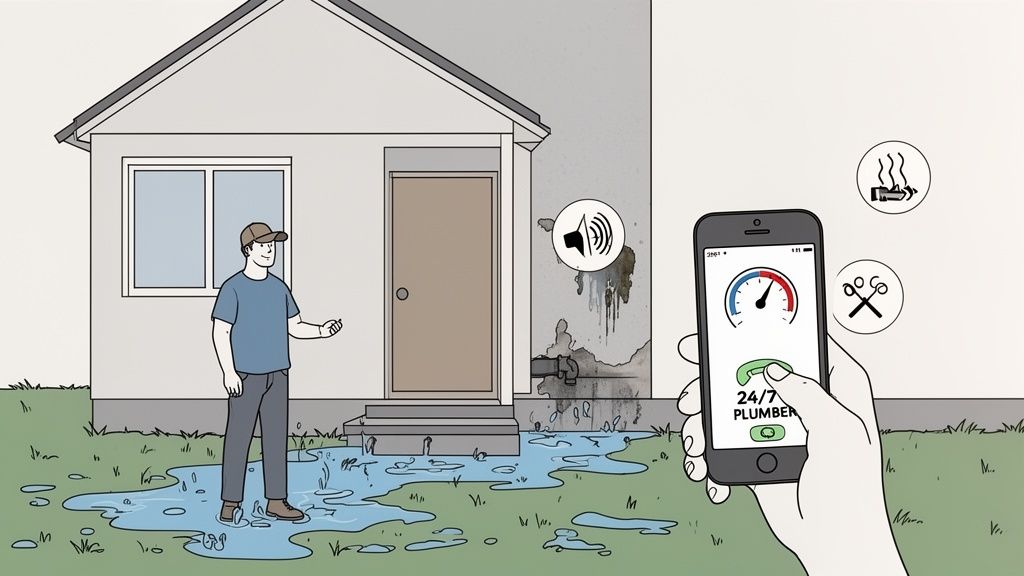 A man calls a 24/7 plumber on his phone to fix a burst pipe leaking outside his house.