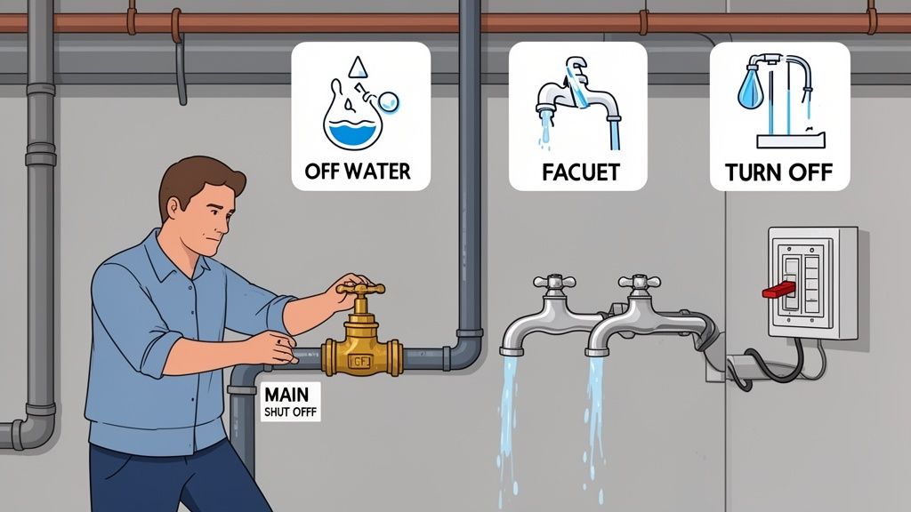 A man turns off the main water shut-off valve, with diagrams for water and power.