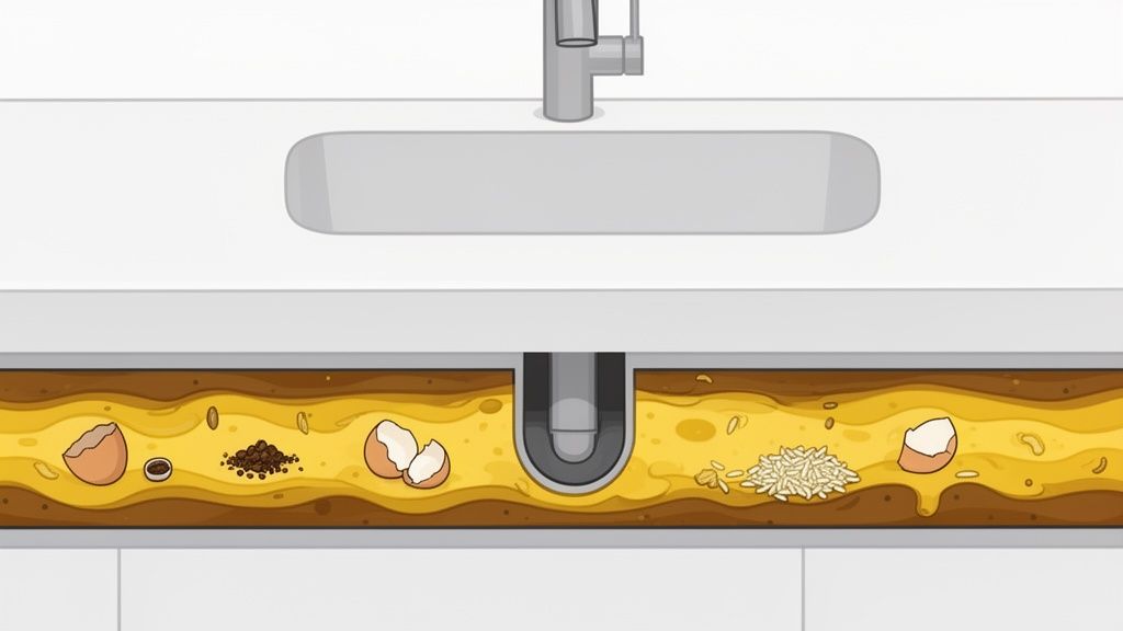 A cross-section of a kitchen drain pipe clogged with food waste like eggshells, coffee grounds, and rice.