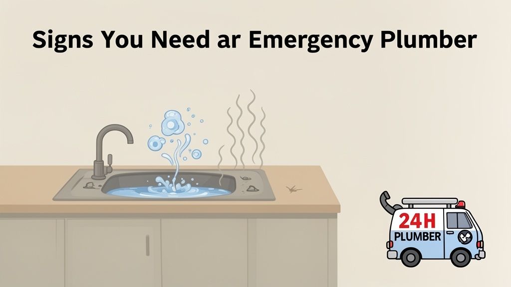Illustration showing a clogged kitchen sink overflowing with water and steam, indicating a plumbing emergency.