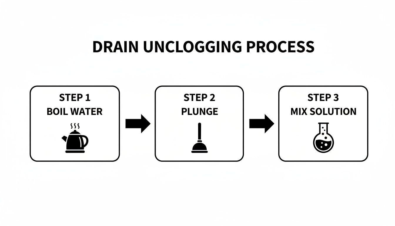Diagram showing a three-step drain unclogging process: boil water, plunge, and mix solution.