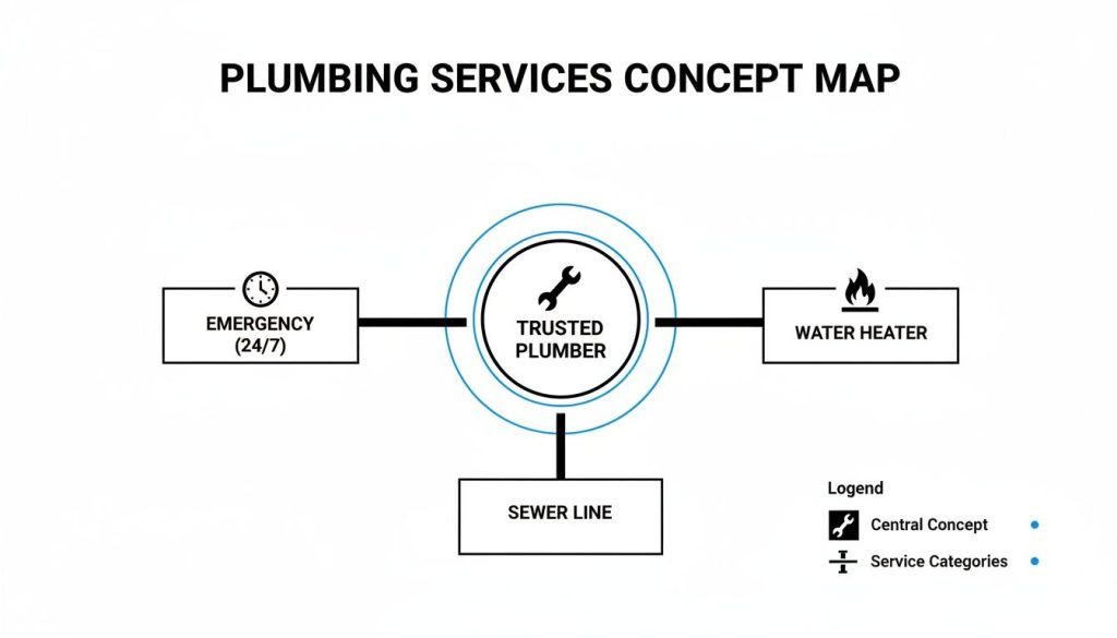 A plumbing services concept map illustrating 'Trusted Plumber' connected to emergency, water heater, and sewer line services.