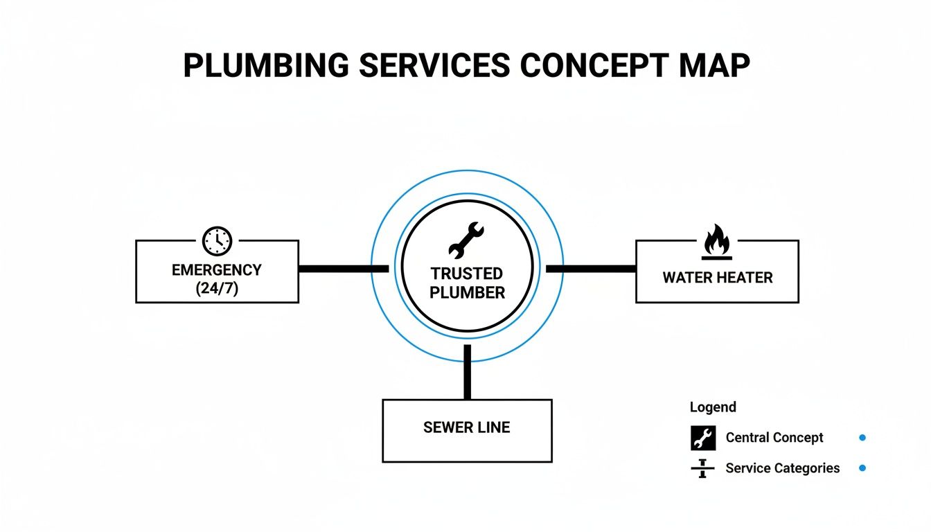 A plumbing services concept map illustrating 'Trusted Plumber' connected to emergency, water heater, and sewer line services.